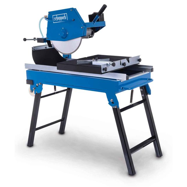 Scheppach stone and tile cutter with sturdy metal frame and adjustable worktable.